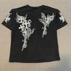 Y2K Style T Shirt Men's Medium Black Faded Cyber Grunge Cross Skater‎ Oversized